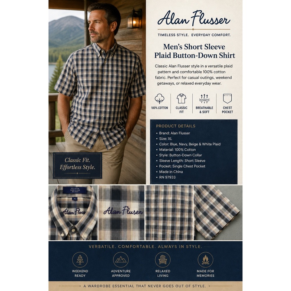 Alan Flusser Mens XL Plaid Short Sleeve Button Down Shirt Blue Beige Cotton